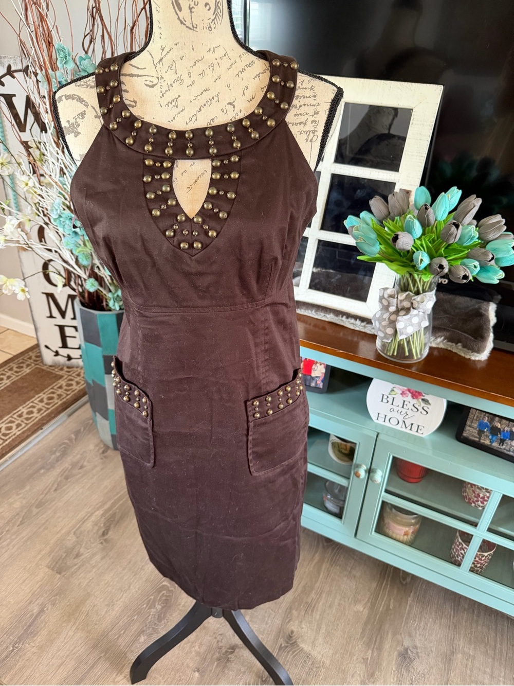 new directions Chocolate Brown Studded Midi Dress Size 8